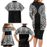 Samoan Traditional Art Tattoos Family Matching Long Sleeve Bodycon Dress and Hawaiian Shirt Tatau Tribal Motifs with Ula Fala Black LT03 - Polynesian Pride