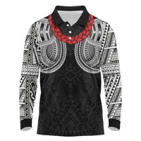Samoan Traditional Art Tattoos Long Sleeve Polo Shirt Tatau Tribal Motifs with Ula Fala Black LT03 Black - Polynesian Pride