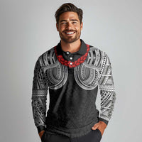 Samoan Traditional Art Tattoos Long Sleeve Polo Shirt Tatau Tribal Motifs with Ula Fala Black LT03 - Polynesian Pride