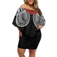 Samoan Traditional Art Tattoos Off Shoulder Short Dress Tatau Tribal Motifs with Ula Fala Black LT03 Women Black - Polynesian Pride