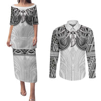Samoan Traditional Art Tattoos Couples Matching Puletasi and Long Sleeve Button Shirt Tatau Tribal Motifs with Ula Nifo White LT03 White - Polynesian Pride