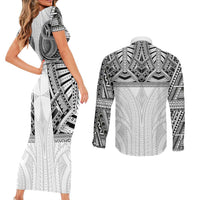 Samoan Traditional Art Tattoos Couples Matching Short Sleeve Bodycon Dress and Long Sleeve Button Shirt Tatau Tribal Motifs with Ula Nifo White LT03 - Polynesian Pride