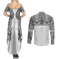 Samoan Traditional Art Tattoos Couples Matching Summer Maxi Dress and Long Sleeve Button Shirt Tatau Tribal Motifs with Ula Nifo White LT03 - Polynesian Pride