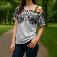 Samoan Traditional Art Tattoos Cross Shoulder Shirt Tatau Tribal Motifs with Ula Nifo White LT03 - Polynesian Pride