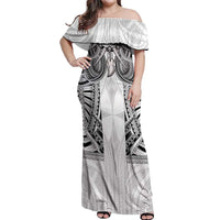 Samoan Traditional Art Tattoos Off Shoulder Maxi Dress Tatau Tribal Motifs with Ula Nifo White LT03 Women White - Polynesian Pride