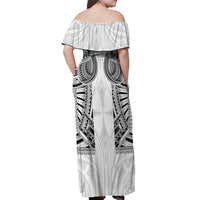 Samoan Traditional Art Tattoos Off Shoulder Maxi Dress Tatau Tribal Motifs with Ula Nifo White LT03 - Polynesian Pride