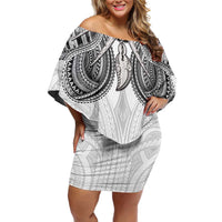 Samoan Traditional Art Tattoos Off Shoulder Short Dress Tatau Tribal Motifs with Ula Nifo White LT03 Women White - Polynesian Pride