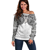 Samoan Traditional Art Tattoos Off Shoulder Sweater Tatau Tribal Motifs with Ula Nifo White LT03 Women White - Polynesian Pride