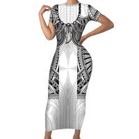 Samoan Traditional Art Tattoos Short Sleeve Bodycon Dress Tatau Tribal Motifs with Ula Nifo White LT03 Long Dress White - Polynesian Pride