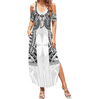 Samoan Traditional Art Tattoos Summer Maxi Dress Tatau Tribal Motifs with Ula Nifo White LT03 Women White - Polynesian Pride