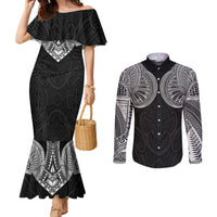 Samoan Traditional Art Tattoos Couples Matching Mermaid Dress and Long Sleeve Button Shirt Tatau Roman Reigns Black Color LT03 Black - Polynesian Pride