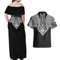 Samoan Traditional Art Tattoos Couples Matching Off Shoulder Maxi Dress and Hawaiian Shirt Tatau Roman Reigns Black Color LT03 - Polynesian Pride