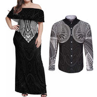 Samoan Traditional Art Tattoos Couples Matching Off Shoulder Maxi Dress and Long Sleeve Button Shirt Tatau Roman Reigns Black Color LT03 Black - Polynesian Pride