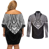 Samoan Traditional Art Tattoos Couples Matching Off Shoulder Short Dress and Long Sleeve Button Shirt Tatau Roman Reigns Black Color LT03 - Polynesian Pride
