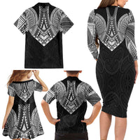 Samoan Traditional Art Tattoos Family Matching Long Sleeve Bodycon Dress and Hawaiian Shirt Tatau Roman Reigns Black Color LT03 - Polynesian Pride