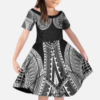 Samoan Traditional Art Tattoos Family Matching Off Shoulder Maxi Dress and Hawaiian Shirt Tatau Roman Reigns Black Color LT03 Daughter's Dress Black - Polynesian Pride