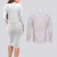 Samoan Traditional Art Tattoos Couples Matching Long Sleeve Bodycon Dress and Long Sleeve Button Shirt Tatau Roman Reigns White Color LT03 - Polynesian Pride
