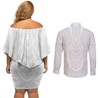 Samoan Traditional Art Tattoos Couples Matching Off Shoulder Short Dress and Long Sleeve Button Shirt Tatau Roman Reigns White Color LT03 - Polynesian Pride