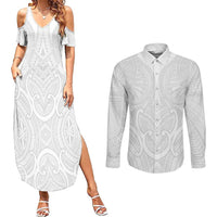 Samoan Traditional Art Tattoos Couples Matching Summer Maxi Dress and Long Sleeve Button Shirt Tatau Roman Reigns White Color LT03 White - Polynesian Pride