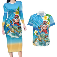 Polynesian Merry Christmas Couples Matching Long Sleeve Bodycon Dress and Hawaiian Shirt Funny Santa with Sea Turtle Beach Plumeria LT03 Multicolor - Polynesian Pride