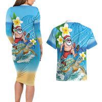 Polynesian Merry Christmas Couples Matching Long Sleeve Bodycon Dress and Hawaiian Shirt Funny Santa with Sea Turtle Beach Plumeria LT03 - Polynesian Pride