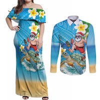 Polynesian Merry Christmas Couples Matching Off Shoulder Maxi Dress and Long Sleeve Button Shirt Funny Santa with Sea Turtle Beach Plumeria LT03 Multicolor - Polynesian Pride