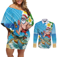 Polynesian Merry Christmas Couples Matching Off Shoulder Short Dress and Long Sleeve Button Shirt Funny Santa with Sea Turtle Beach Plumeria LT03 Multicolor - Polynesian Pride