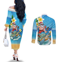 Polynesian Merry Christmas Couples Matching Off The Shoulder Long Sleeve Dress and Long Sleeve Button Shirt Funny Santa with Sea Turtle Beach Plumeria LT03 - Polynesian Pride