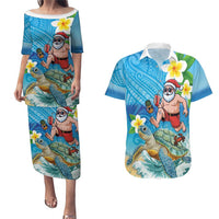 Polynesian Merry Christmas Couples Matching Puletasi and Hawaiian Shirt Funny Santa with Sea Turtle Beach Plumeria LT03 Multicolor - Polynesian Pride