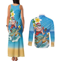 Polynesian Merry Christmas Couples Matching Tank Maxi Dress and Long Sleeve Button Shirt Funny Santa with Sea Turtle Beach Plumeria LT03 - Polynesian Pride