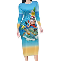 Polynesian Merry Christmas Family Matching Long Sleeve Bodycon Dress and Hawaiian Shirt Funny Santa with Sea Turtle Beach Plumeria LT03 Mom's Dress Multicolor - Polynesian Pride