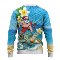 Polynesian Merry Christmas Ugly Christmas Sweater Funny Santa with Sea Turtle on Beach and Plumeria LT03 - Polynesian Pride
