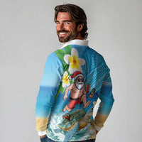 Polynesian Merry Christmas Long Sleeve Polo Shirt Funny Santa with Sea Turtle Beach Plumeria LT03 - Polynesian Pride
