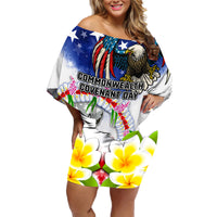 Custom Northern Mariana Islands Commonwealth Covenant Day Family Matching Off Shoulder Short Dress and Hawaiian Shirt Plumeria Flower Splash Style LT03 Mom's Dress Blue - Polynesian Pride