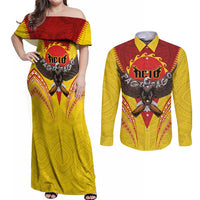 American Samoa Fautasi Race Couples Matching Off Shoulder Maxi Dress and Long Sleeve Button Shirt Pago Pago-Aeto Samoan Tattoo and Eagle LT03 Yellow - Polynesian Pride