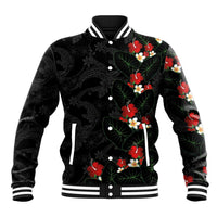 Hawaiian Taro Leaves-Hibiscus and Plumeria Baseball Jacket Floral Tribal Tattoo Motif LT03 Unisex Black - Polynesian Pride