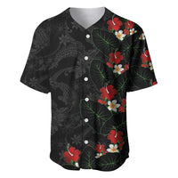 Hawaiian Taro Leaves-Hibiscus and Plumeria Baseball Jersey Floral Tribal Tattoo Motif LT03 Black - Polynesian Pride