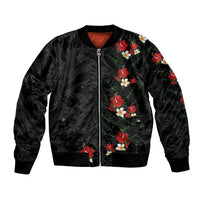Hawaiian Taro Leaves-Hibiscus and Plumeria Bomber Jacket Floral Tribal Tattoo Motif LT03 Unisex Black - Polynesian Pride