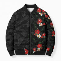 Hawaiian Taro Leaves-Hibiscus and Plumeria Bomber Puffer Jacket Floral Tribal Tattoo Motif LT03 Unisex Black - Polynesian Pride