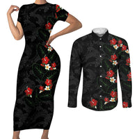 Hawaiian Taro Leaves-Hibiscus and Plumeria Couples Matching Short Sleeve Bodycon Dress and Long Sleeve Button Shirt Floral Tribal Tattoo Motif LT03 Black - Polynesian Pride
