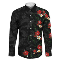 Hawaiian Taro Leaves-Hibiscus and Plumeria Family Matching Mermaid Dress and Hawaiian Shirt Floral Tribal Tattoo Motif LT03 Dad's Shirt - Long Sleeve Black - Polynesian Pride