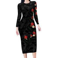Hawaiian Taro Leaves-Hibiscus and Plumeria Long Sleeve Bodycon Dress Floral Tribal Tattoo Motif LT03 Long Dress Black - Polynesian Pride