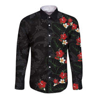 Hawaiian Taro Leaves-Hibiscus and Plumeria Long Sleeve Button Shirt Floral Tribal Tattoo Motif LT03 Unisex Black - Polynesian Pride
