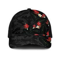 Hawaiian Taro Leaves-Hibiscus and Plumeria Mesh Trucker Cap Floral Tribal Tattoo Motif LT03 One Size Black Black - Polynesian Pride