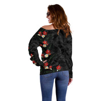 Hawaiian Taro Leaves-Hibiscus and Plumeria Off Shoulder Sweater Floral Tribal Tattoo Motif LT03 - Polynesian Pride