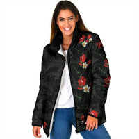 Hawaiian Taro Leaves-Hibiscus and Plumeria Padded Jacket Floral Tribal Tattoo Motif LT03 Women Black - Polynesian Pride