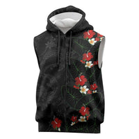 Hawaiian Taro Leaves-Hibiscus and Plumeria Sleeveless Zip Hoodie Floral Tribal Tattoo Motif LT03 Black - Polynesian Pride