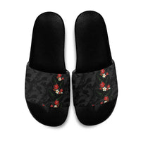 Hawaiian Taro Leaves-Hibiscus and Plumeria Slide Sandals Floral Tribal Tattoo Motif LT03 Black - Polynesian Pride