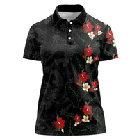 Hawaiian Taro Leaves-Hibiscus and Plumeria Women Polo Shirt Floral Tribal Tattoo Motif LT03 Female Black - Polynesian Pride