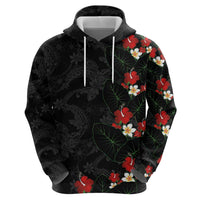 Hawaiian Taro Leaves-Hibiscus and Plumeria Zip Hoodie Floral Tribal Tattoo Motif LT03 - Polynesian Pride